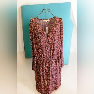 LOFT Floral Long Sleeve Dress in Orange and Blue Size L